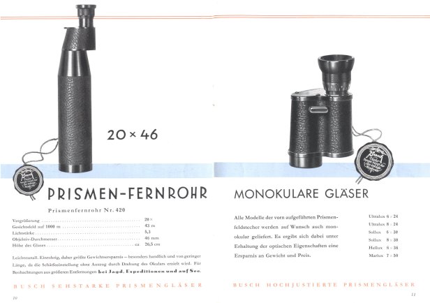 2 Katalogseiten der Fa. Busch: 20x46 Spektiv, 6 monokulare Prismengläser